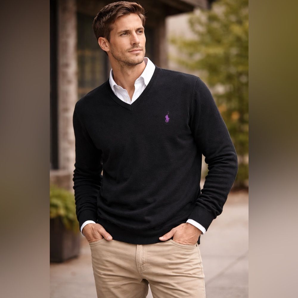 Ralph Lauren Black Pima Cotton V-Neck Sweater | Purple Pony | Men’s XL